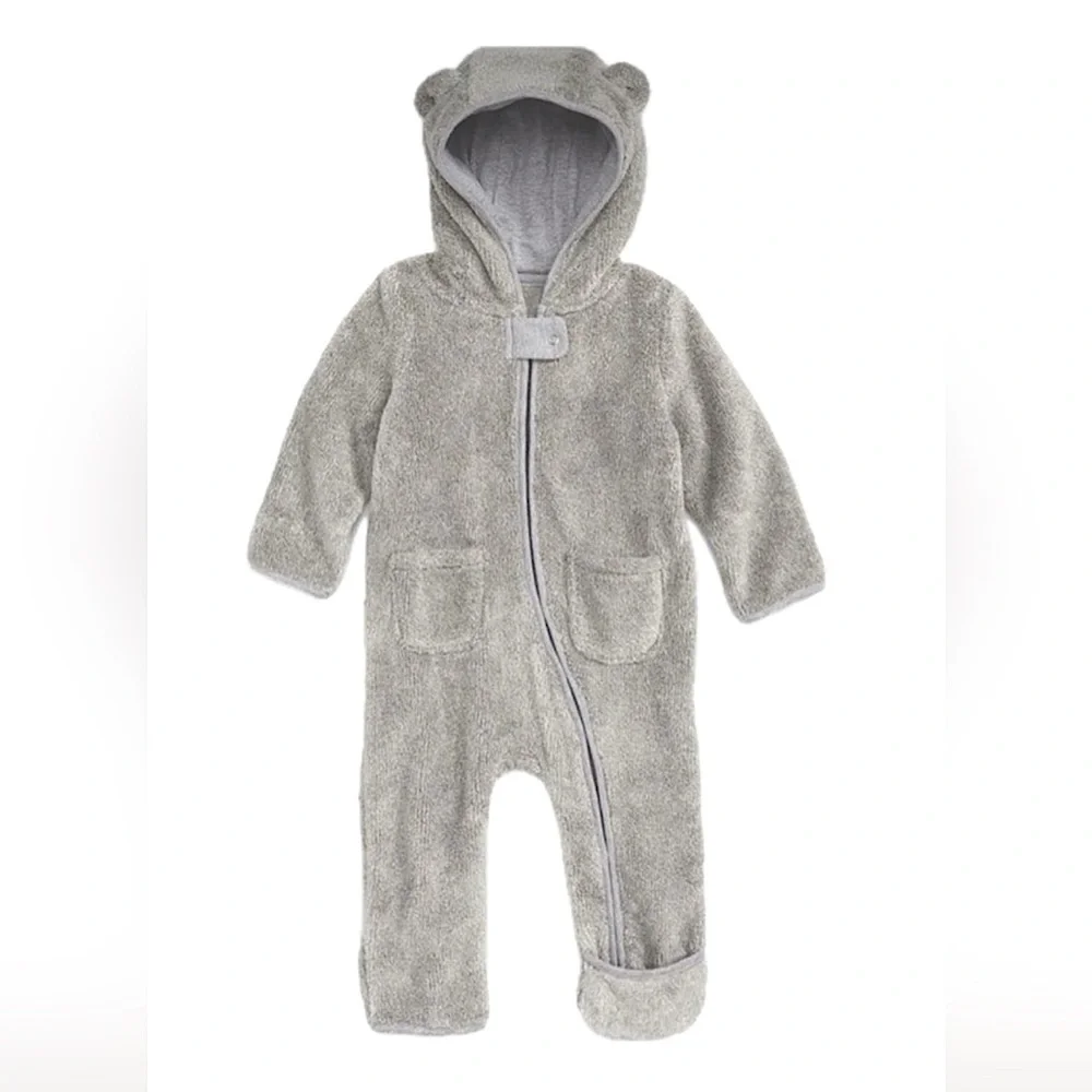 EUC like new NORDSTROM Baby Gray Fleece Hooded Bear Bunting Romper Zip-Up 3M
